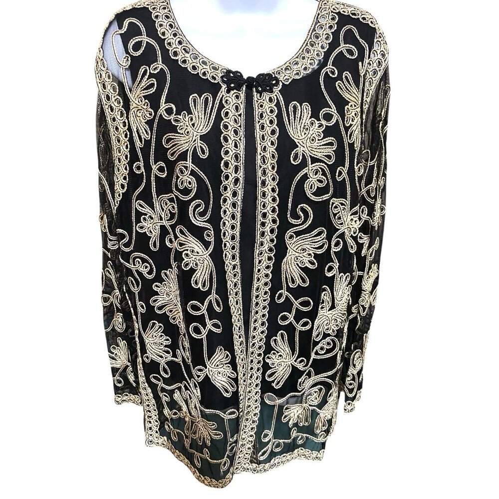 Vtg ISC Womens Blazer Sleeveless Shell L Silk Embroidered Metallic Black Tunic